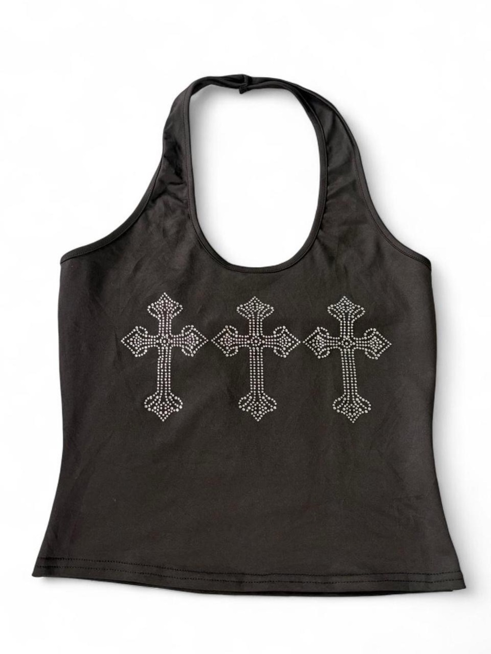 SHEIN Black Halter Tank Top with Rhinestone Cross Trio